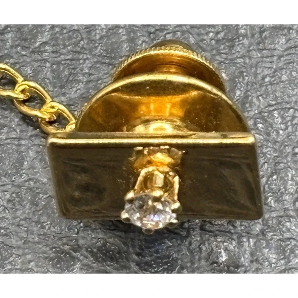 Vintage Men's Tie Tack Rectangle Bar Clear Cubic Zirconia Lapel Pin Gold Tone